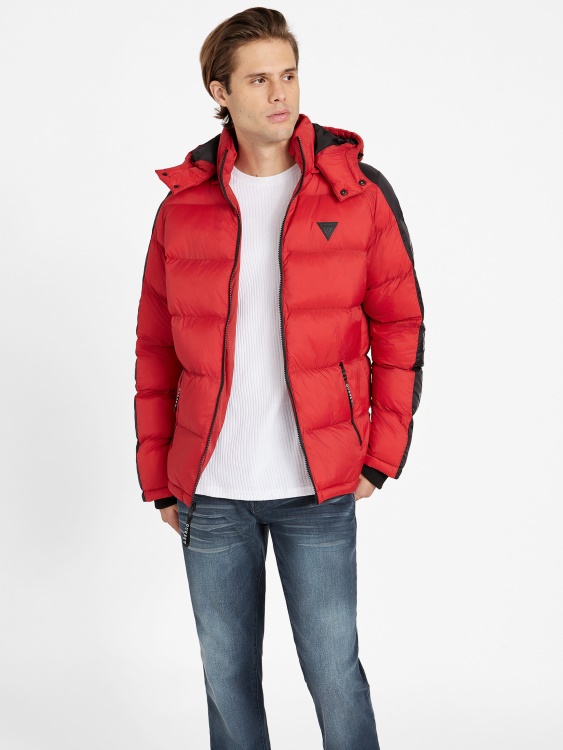 Guess Martin Color-block Puffer Hoodie Rugby Red Multi