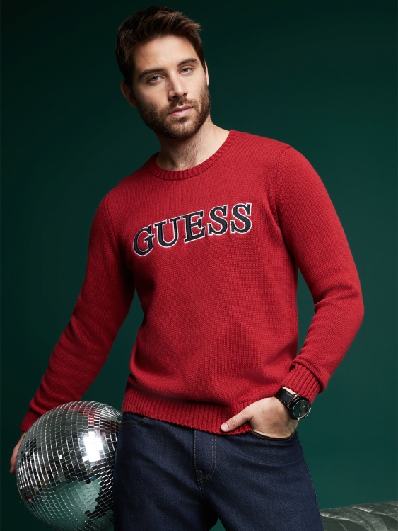 страница кръпка лого пуловер Guess червен ноар