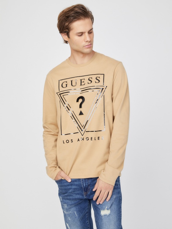 тениска с дълга ръка Guess Taupe еко лого