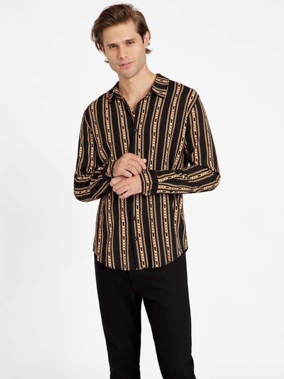 черна риза Guess Wiler с графика с верига