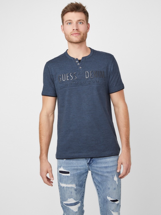 Guess Officer Blue Mulit Edgar Marled Henley Tee
