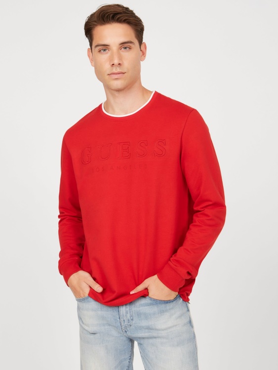 Тениска с дълга ръкав с лого калико Guess Red Noir