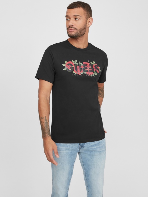 тениска с лого Guess Eco Tolk Roses Jet Black