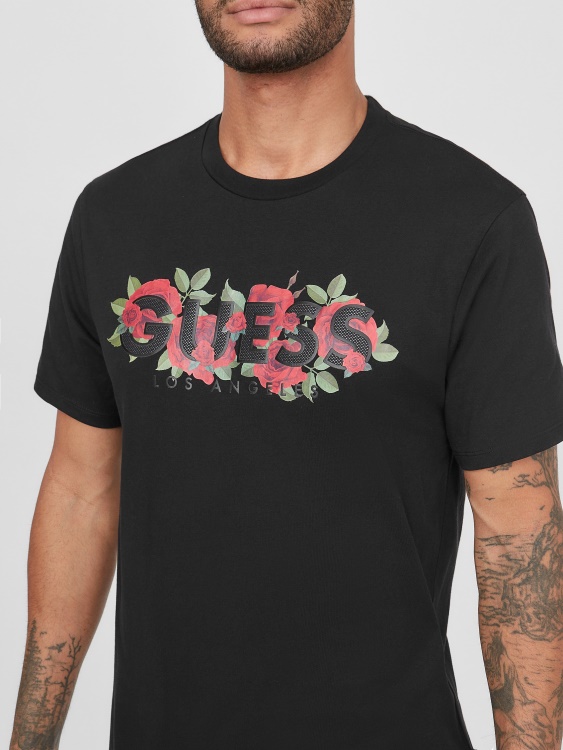 тениска с лого Guess Eco Tolk Roses Jet Black
