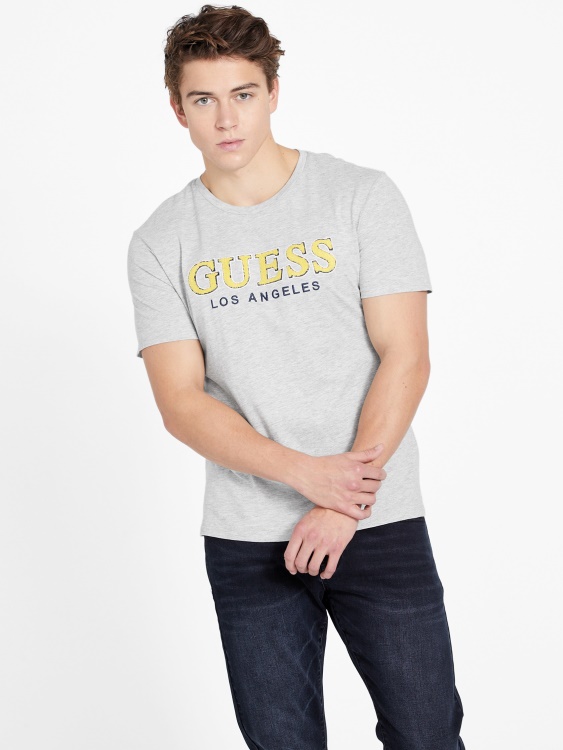 тениска с деколте Guess Eco Spont светло хедър сиво