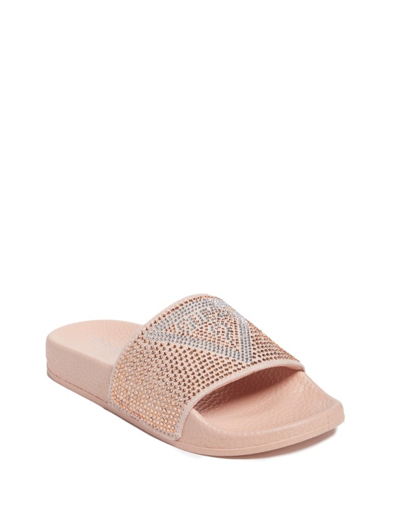 Guess Blush Sugar Rhinestone Logo Slide Sandals