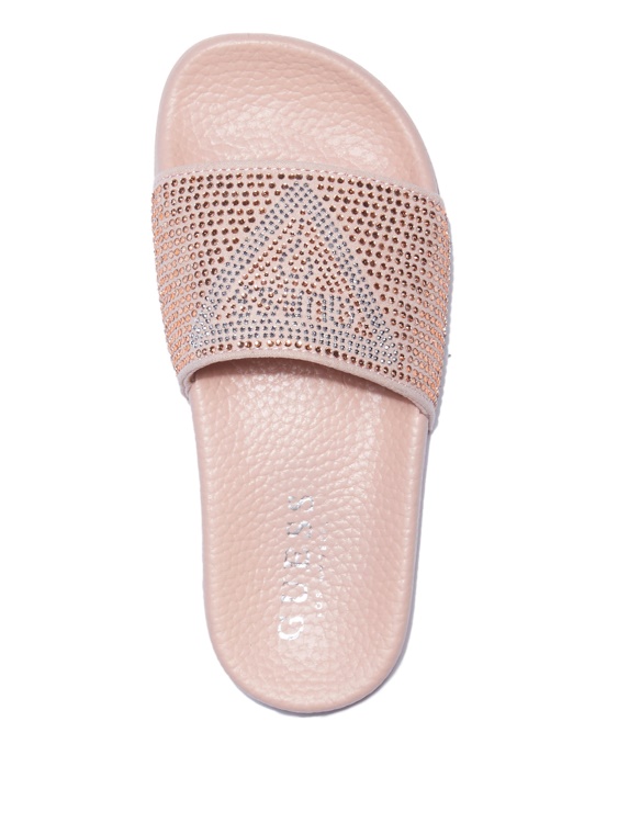 Guess Blush Sugar Rhinestone Logo Slide Sandals