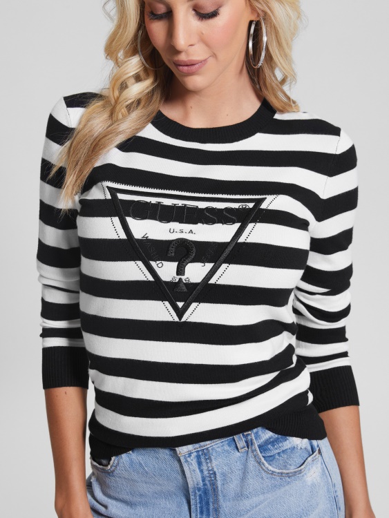 пуловер еко Eloise на бели и черни райета Guess