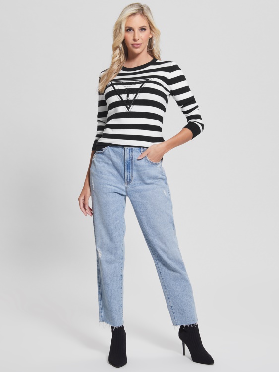 пуловер еко Eloise на бели и черни райета Guess