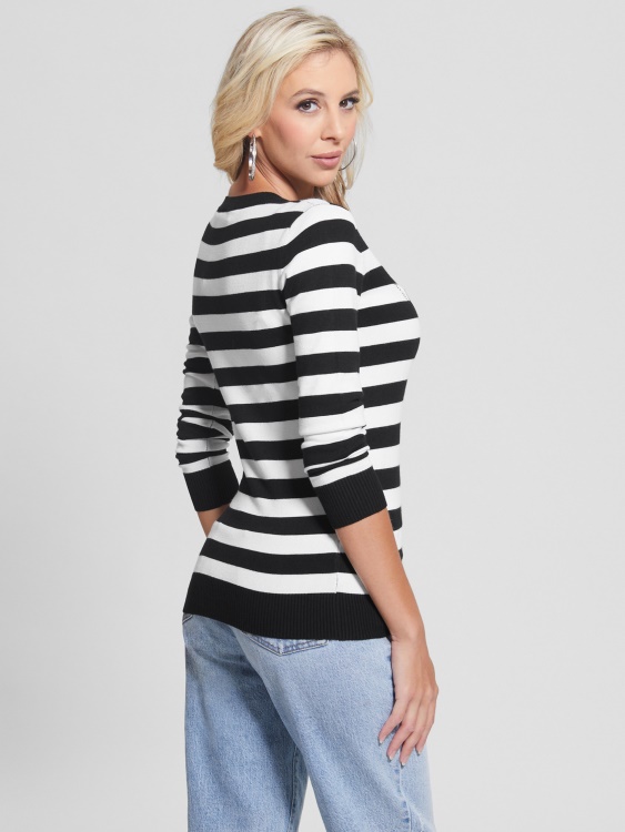 пуловер еко Eloise на бели и черни райета Guess