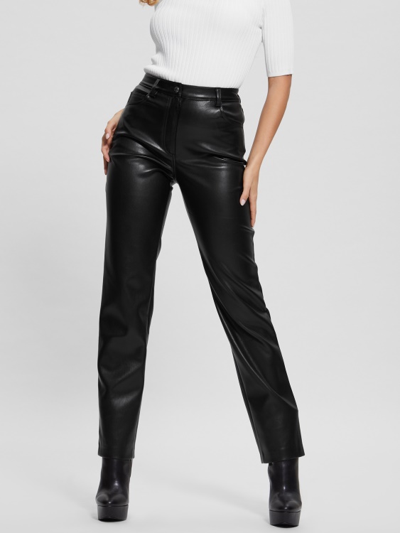 черни прави панталони от изкуствена кожа Guess Kelly