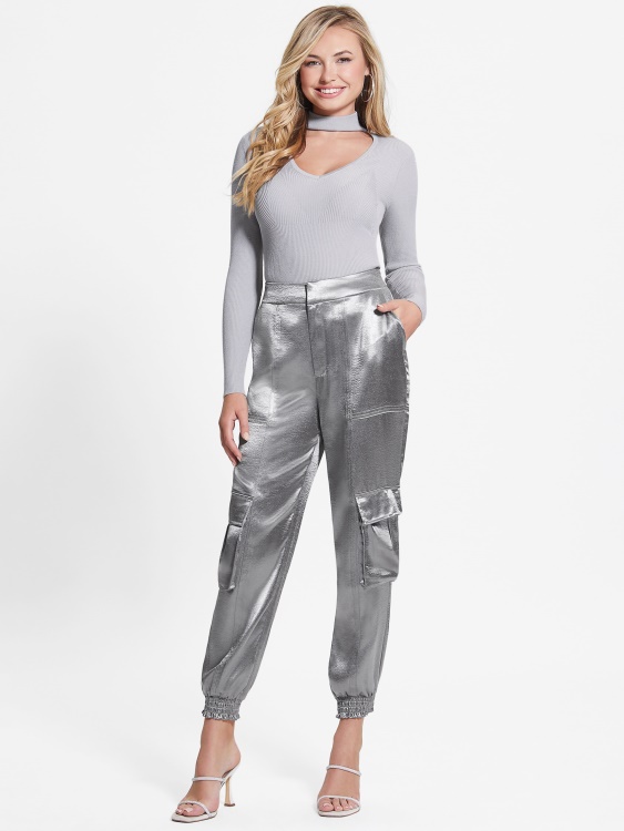 сатенени карго панталони Guess Eco Soundwave металик