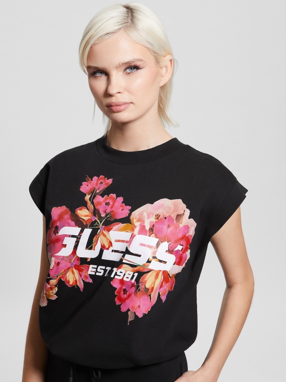 Corine флорално лого скъсена тениска Guess джет черно