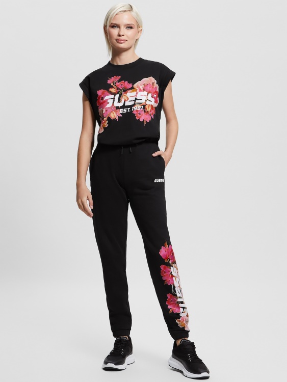 Corine флорално лого скъсена тениска Guess джет черно
