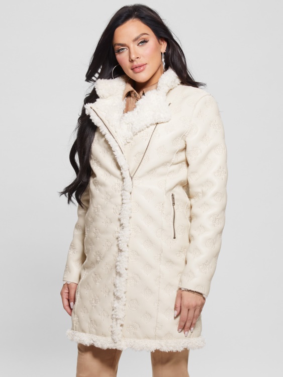 кремаво бяло палто от изкуствена кожа Guess Hennie Logo