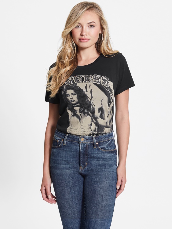 черна еко западна тениска за момичета Guess