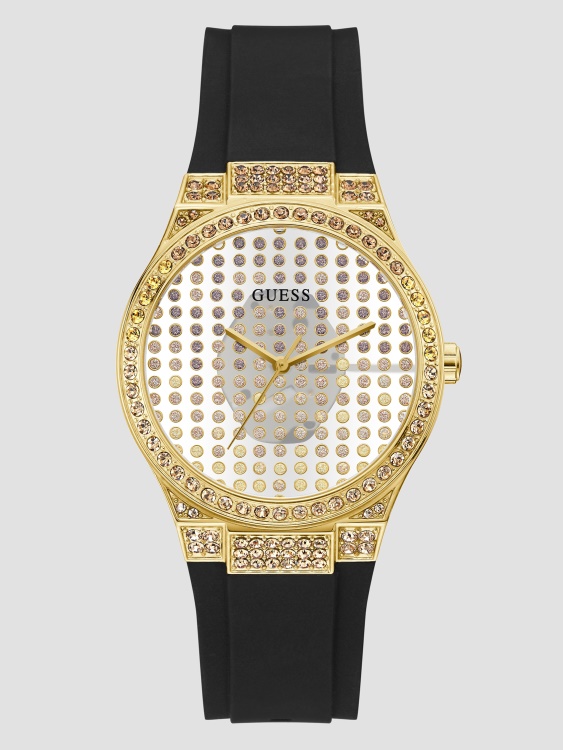 прозрачен златист цвят и черен силиконов аналогов часовник Black Guess