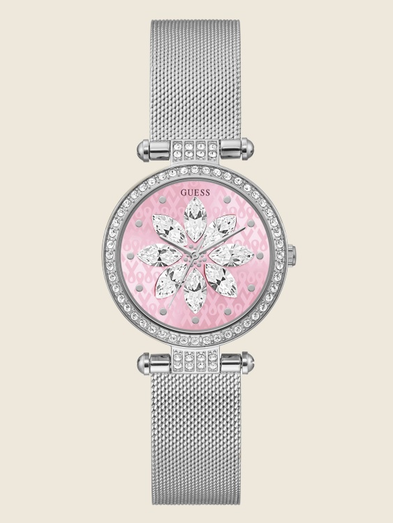 сребрист искрящ розов мрежа аналогов часовник в сребрист цвят Guess