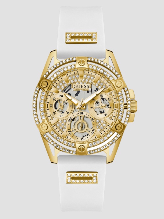 златист и бял силиконов мултифункционален часовник Guess бял