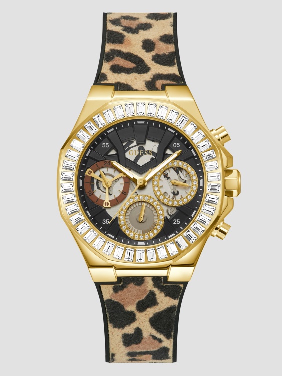 силиконов многофункционален часовник Guess Multi със златисто и животински принт