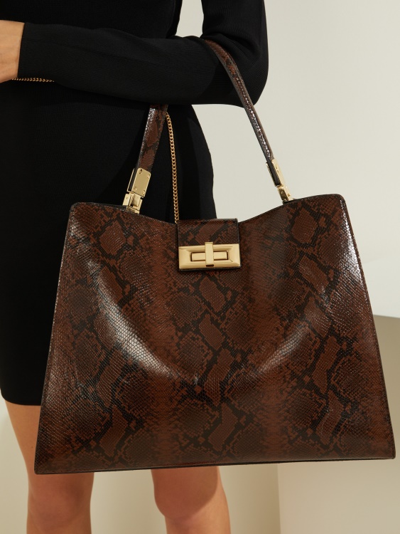 кафява кожена чанта с щампа на мония питон Guess