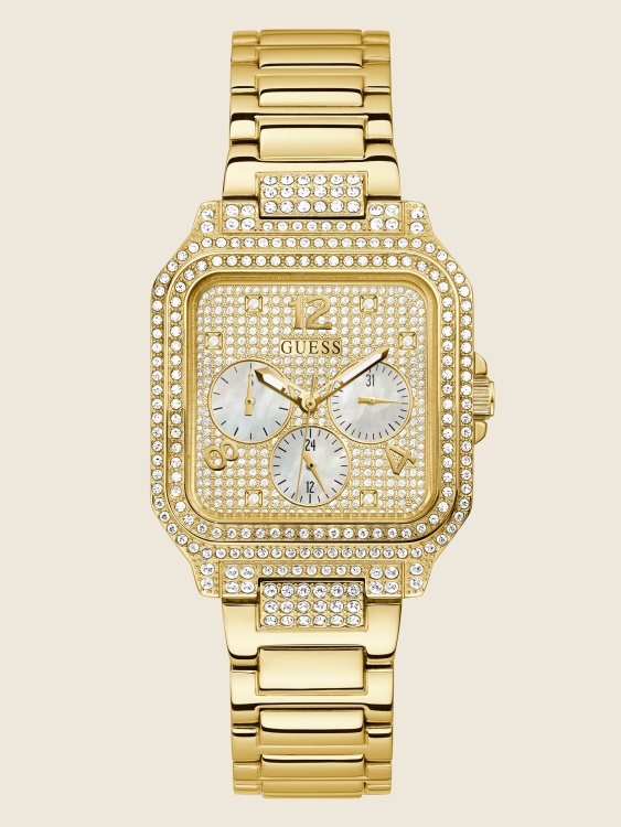 Gold Guess квадратен многофункционален часовник със златист тон
