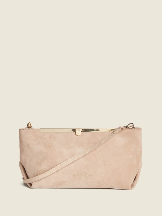 клъч от мека велурена кожа Taupe Guess