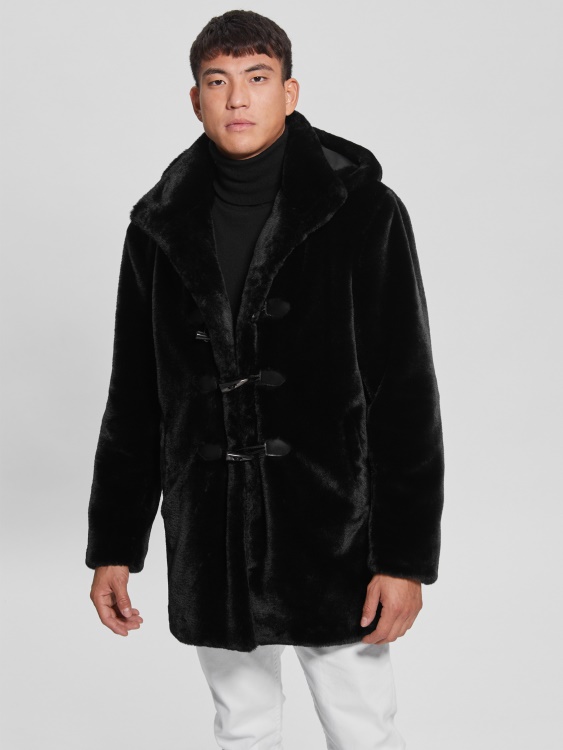 Guess уютен дъфъл коут от изкуствена кожа, черен цвят