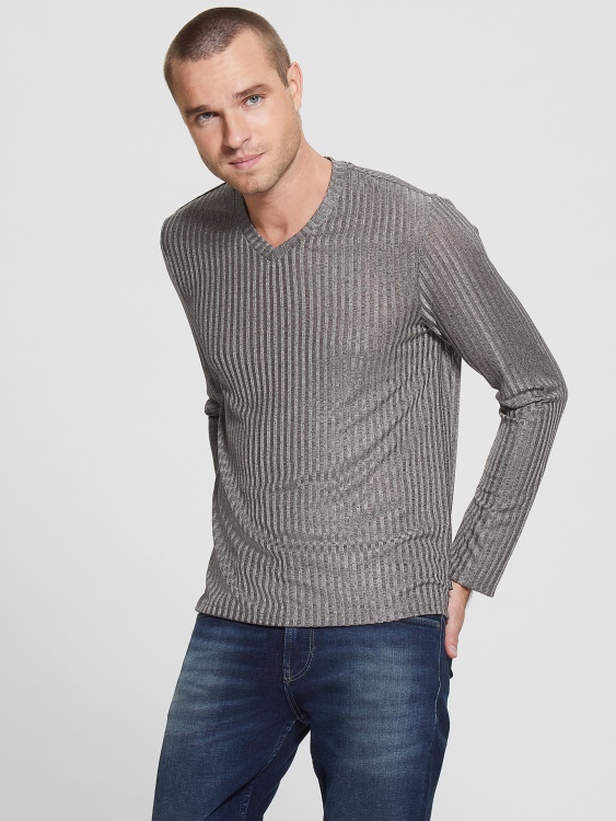 Guess Warehouse трикотажна тениска с V-образно деколте каменно сиво мулти