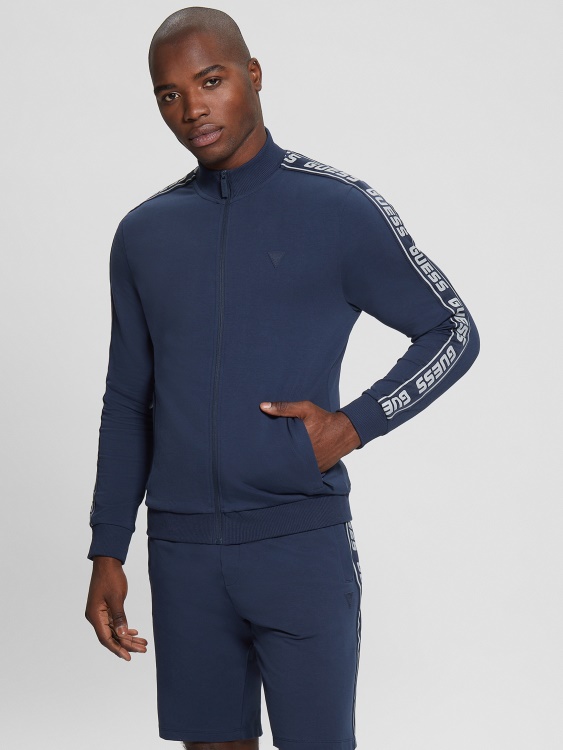 костюм Guess Eco Arlo лого лента цип копринено синьо