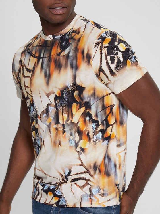 еко замъглена тениска с пеперуди Guess Pure White Multi