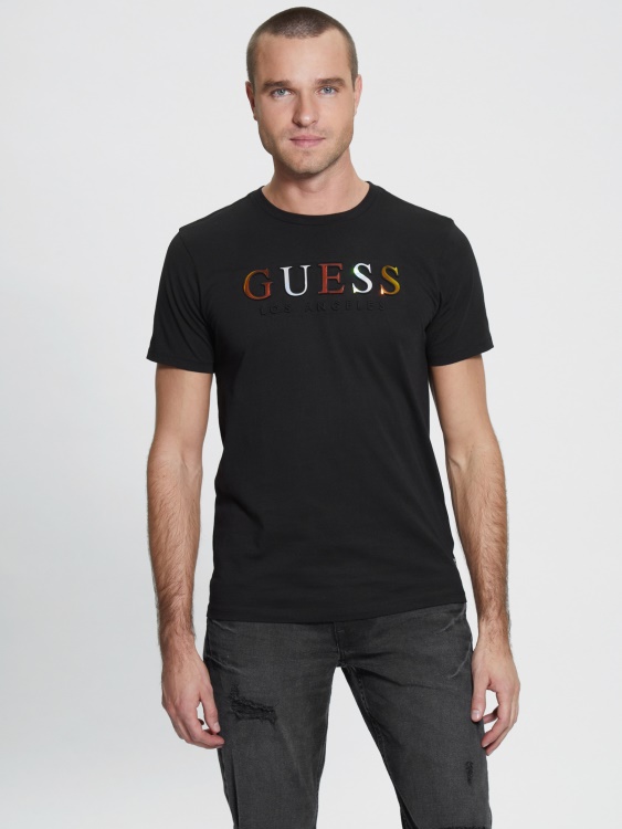 тениска с релефно лого на Guess джет черно