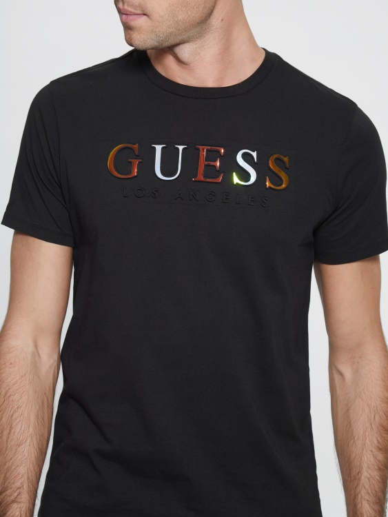 тениска с релефно лого на Guess джет черно