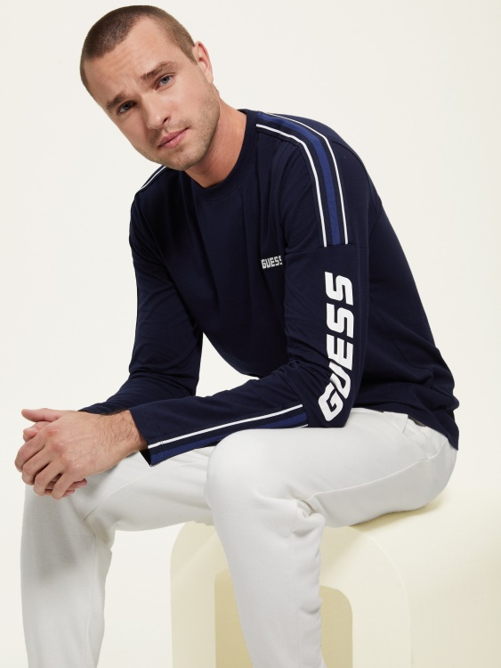 синя елегантна еко дарин тениска с лого с дълъг ръкав Guess