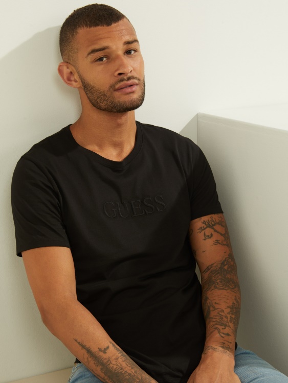 тениска с бродирано лого Guess кафяво черно