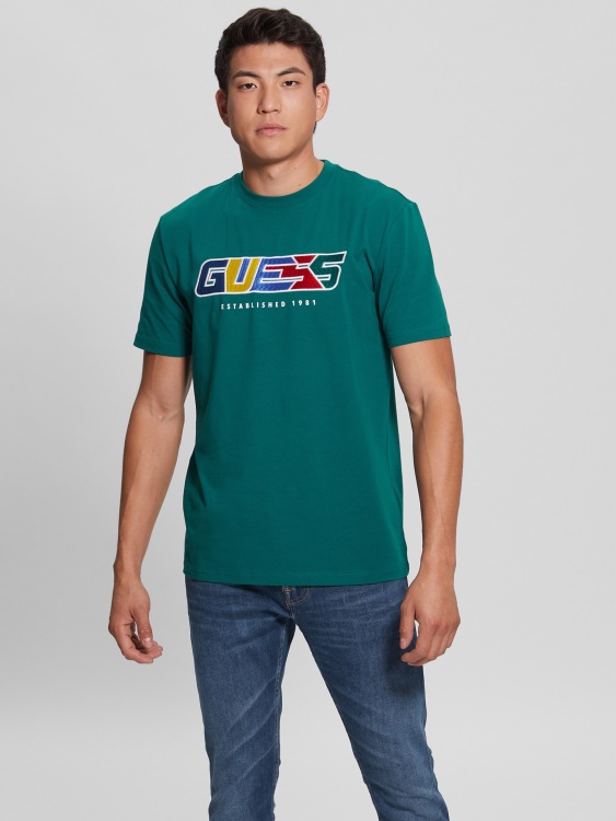 тениска Guess Eco Brock бродирано лого тропическо синьо