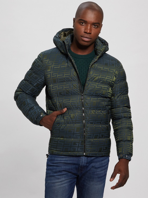 синьо/зелено лого жакардово яке Guess Allover Logo Puffer яке