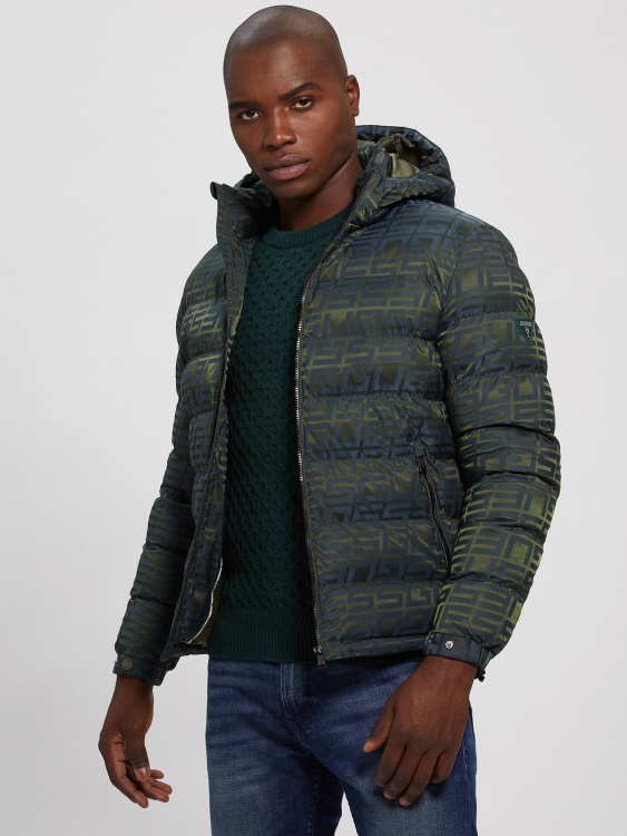 синьо/зелено лого жакардово яке Guess Allover Logo Puffer яке