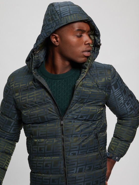 синьо/зелено лого жакардово яке Guess Allover Logo Puffer яке