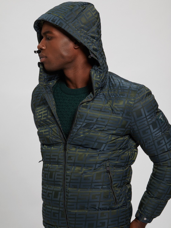 синьо/зелено лого жакардово яке Guess Allover Logo Puffer яке