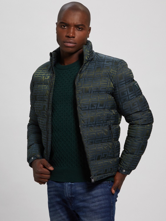 синьо/зелено лого жакардово яке Guess Allover Logo Puffer яке