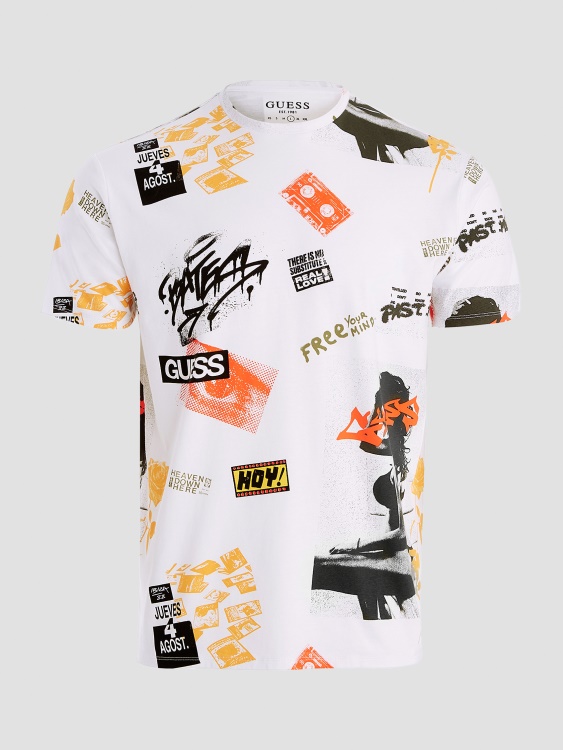 Guess Urban City колаж тениска чисто бяла мулти