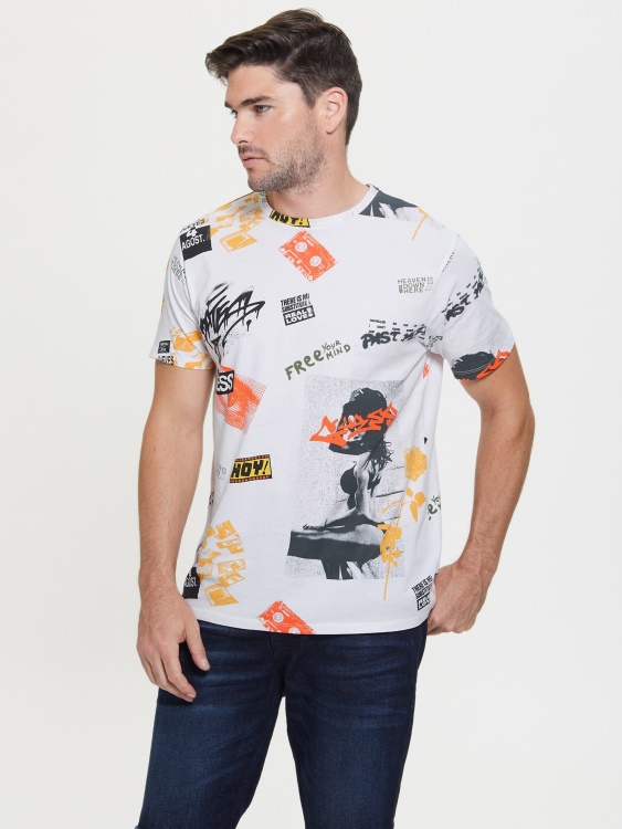 Guess Urban City колаж тениска чисто бяла мулти