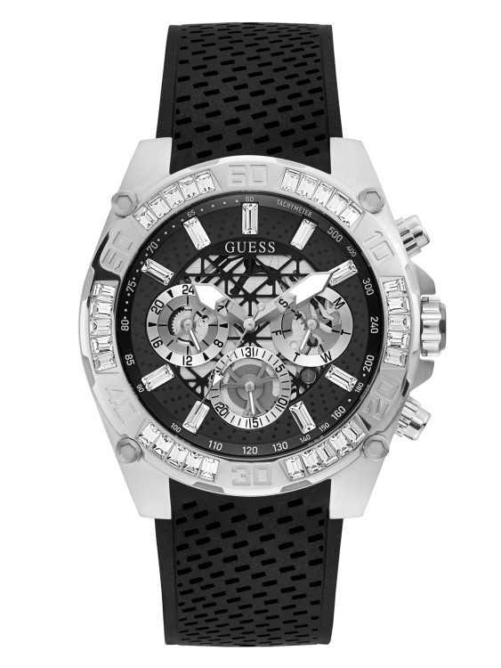 сребрист тон и черен часовник с тахиметър Guess Multi