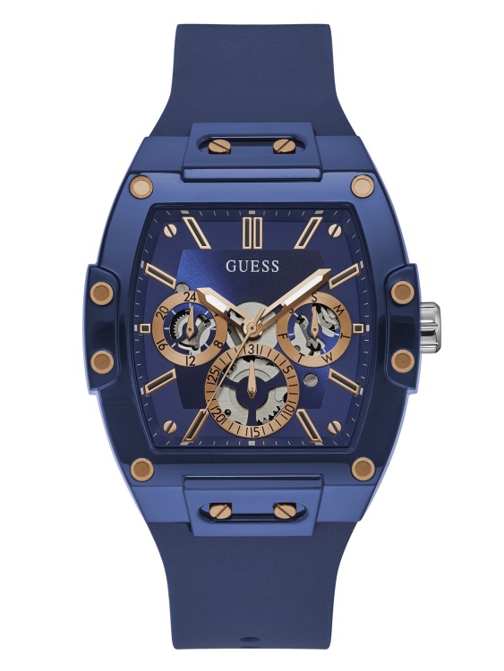 Мултифункционален часовник с розово злато и син силикон Guess