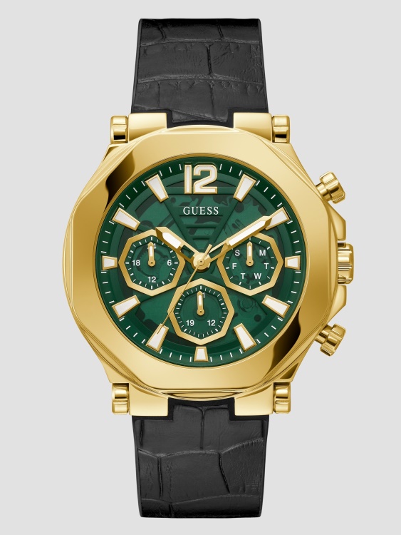 черен златен тон и черен крокодил многофункционален часовник Guess