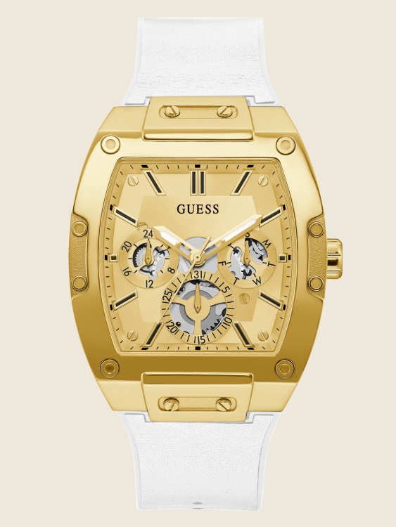 Guess правоъгълен мултифункционален часовник в златисто и бяло бяло