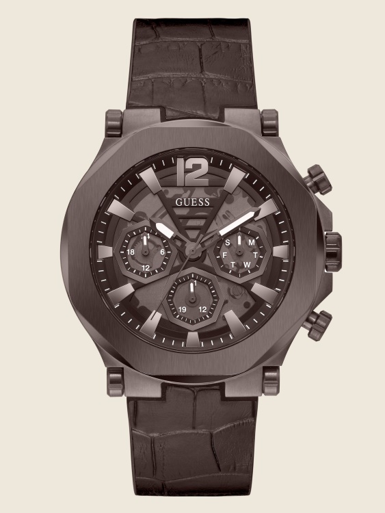 кафяв кожен мултифункционален часовник кафяв Guess