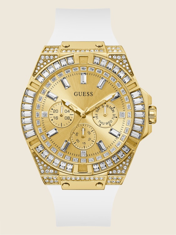 многофункционален часовник със златни тонове и бяла франзела бял Guess
