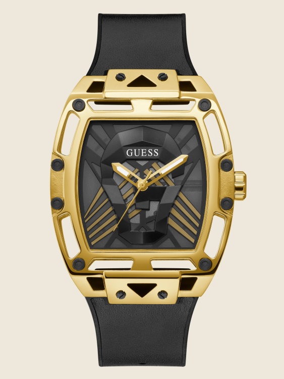 златен тон и черен аналогов часовник с изрязани часовници Guess Black